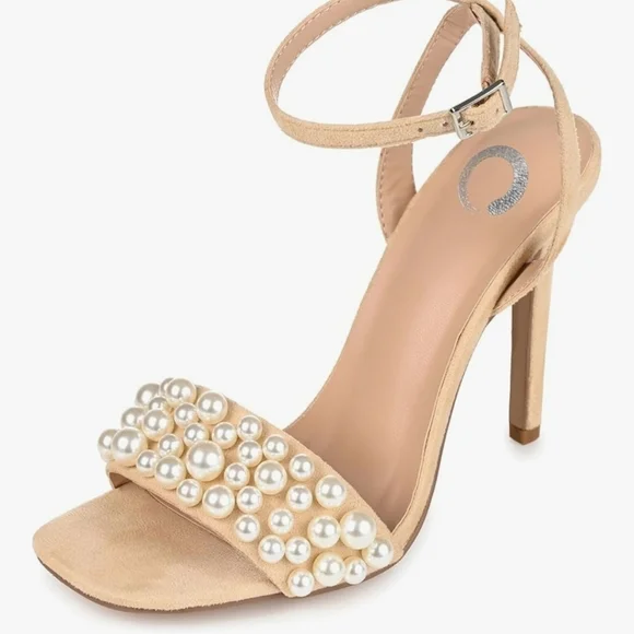 Journee Collection Tan Beige Microsuede Pearl Heel Sandals SZ 9.5 M - Picture 2 of 11